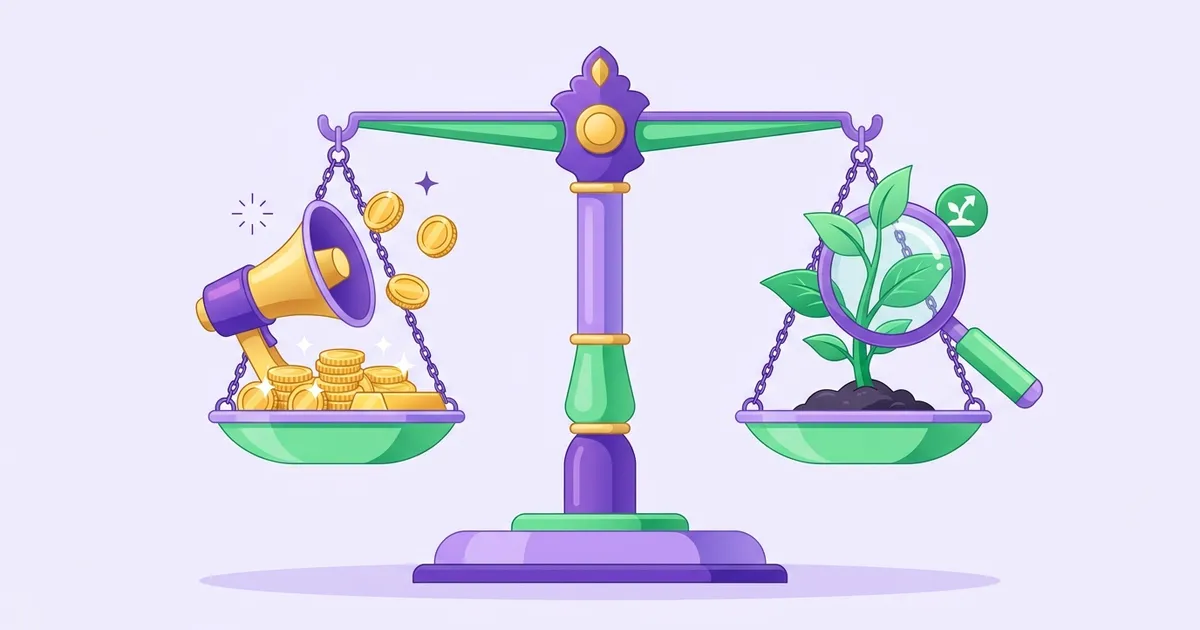 Scales with a megaphone and coins in one pan and a magnifying glass and growing plant in the other - ads versus SEO