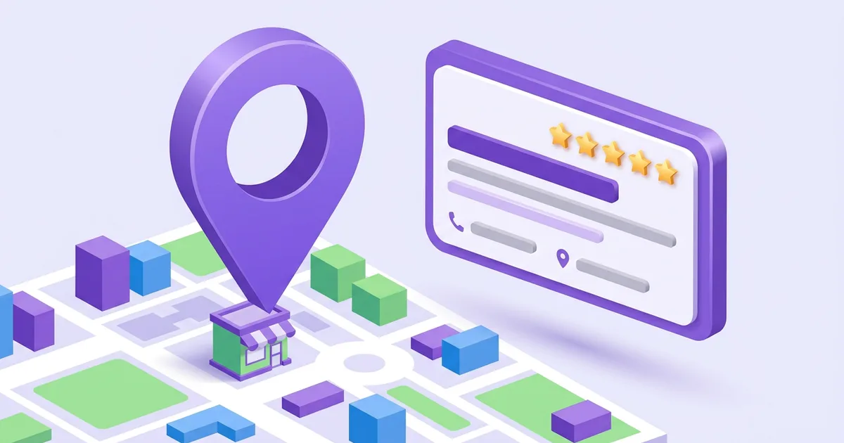 Google Maps pin above a storefront, with rating stars and a business listing next to it