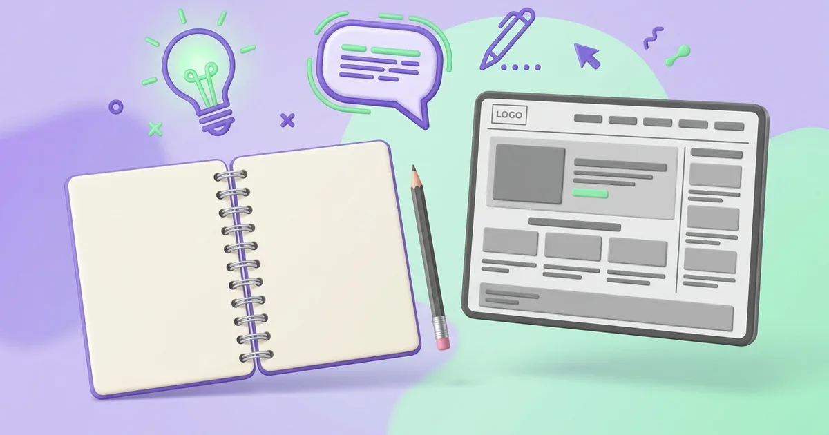 Writing website copy: a blank page, a pen and a website wireframe with text blocks
