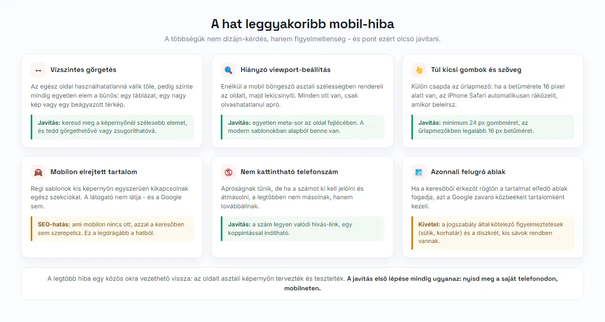 A hat leggyakoribb mobil-hiba javítási javaslatokkal: görgetés, viewport, méretek, rejtett tartalom