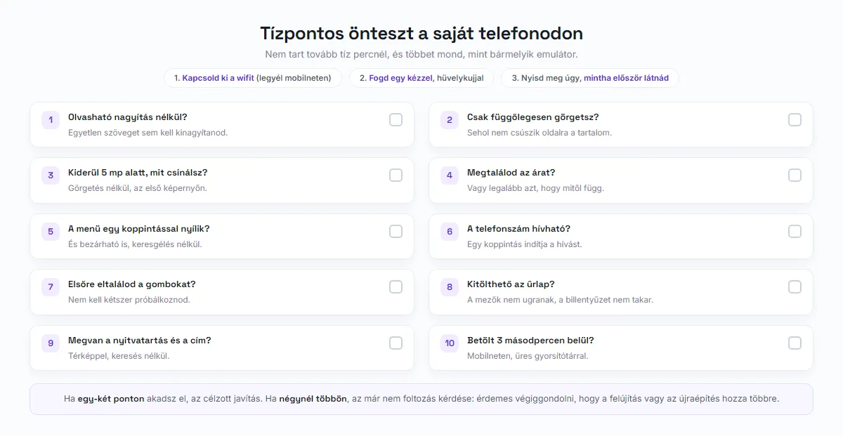 Tízpontos mobil önteszt ellenőrzőlistája a saját telefonon elvégezhető lépésekkel