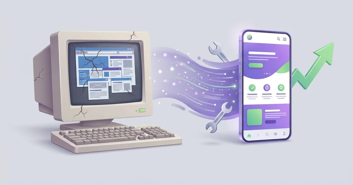 Renewing an old website: an outdated screen transforming into a modern, mobile-friendly website