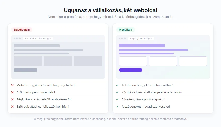 The same website in 2019 and today: the old version breaks on mobile and loads slowly, the renewed one is fast and mobile-friendly