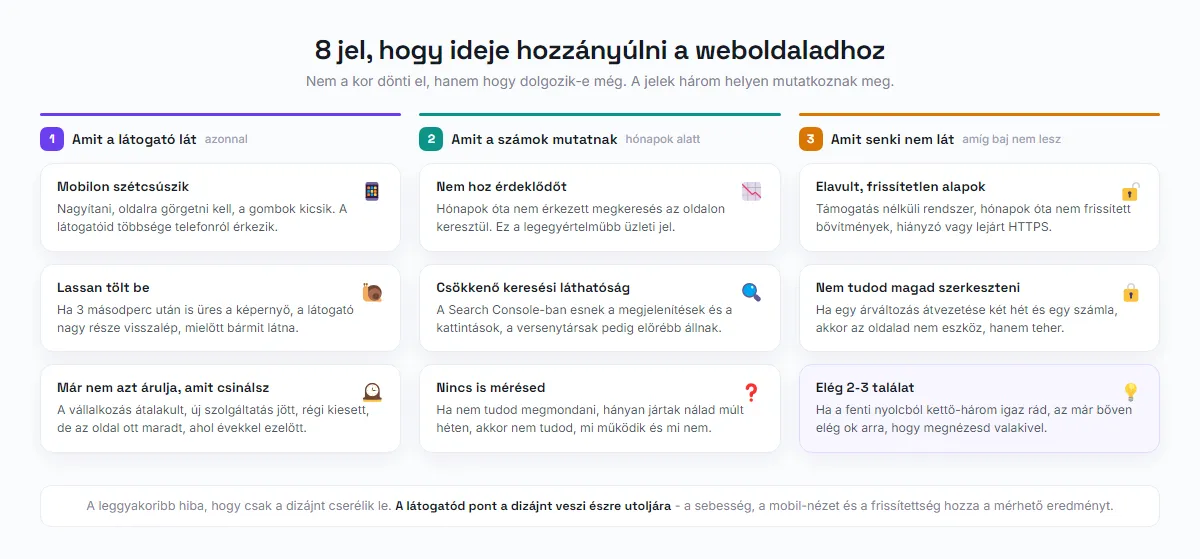 Eight signs that it is time to refresh a website, sorted into three groups