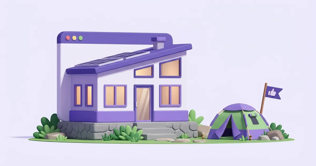House shaped like a browser window standing on solid foundations next to a small tent - own website versus a social page